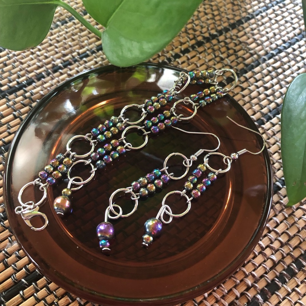 Iridescent Multi-Color Beaded Drop Earrings and Bracelet Set